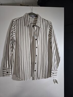 Foxcroft White Shirt with Brown Vertical Stripes